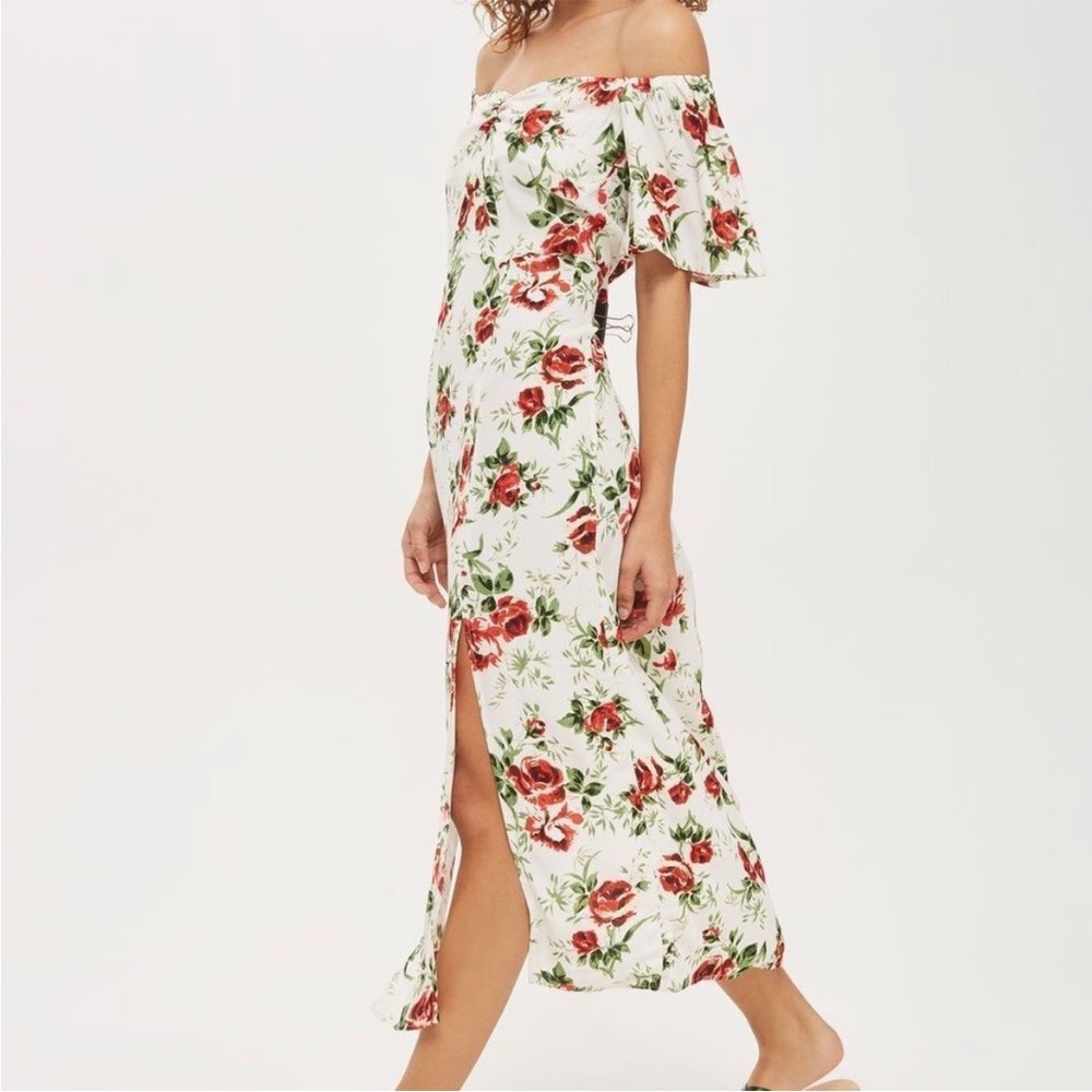 Topshop off the shoulder romantic floral mid dress